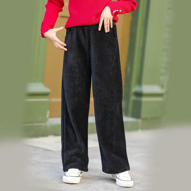 Loose Casual All match Simple Pure Color Snow Velvet Straight leg Pants Black - Shop at LoveMi