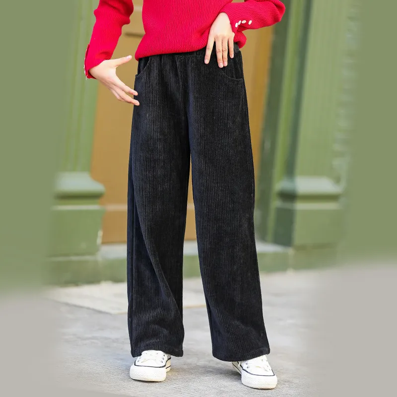 Loose Casual All-match Simple Pure Colour Snow Velvet Straight-leg Pants - Black