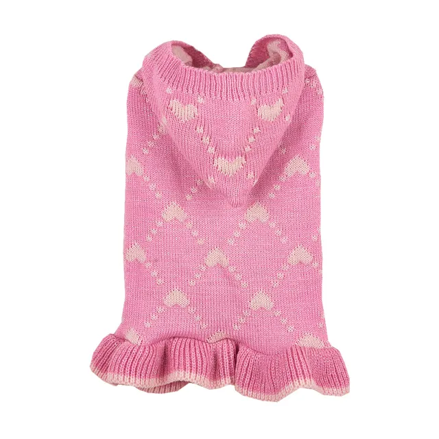 Small Dog Sweater Hoodies Dress Winter Knit Cute Clothing Heart Puppy Clothes Pink - Shop at LoveMi