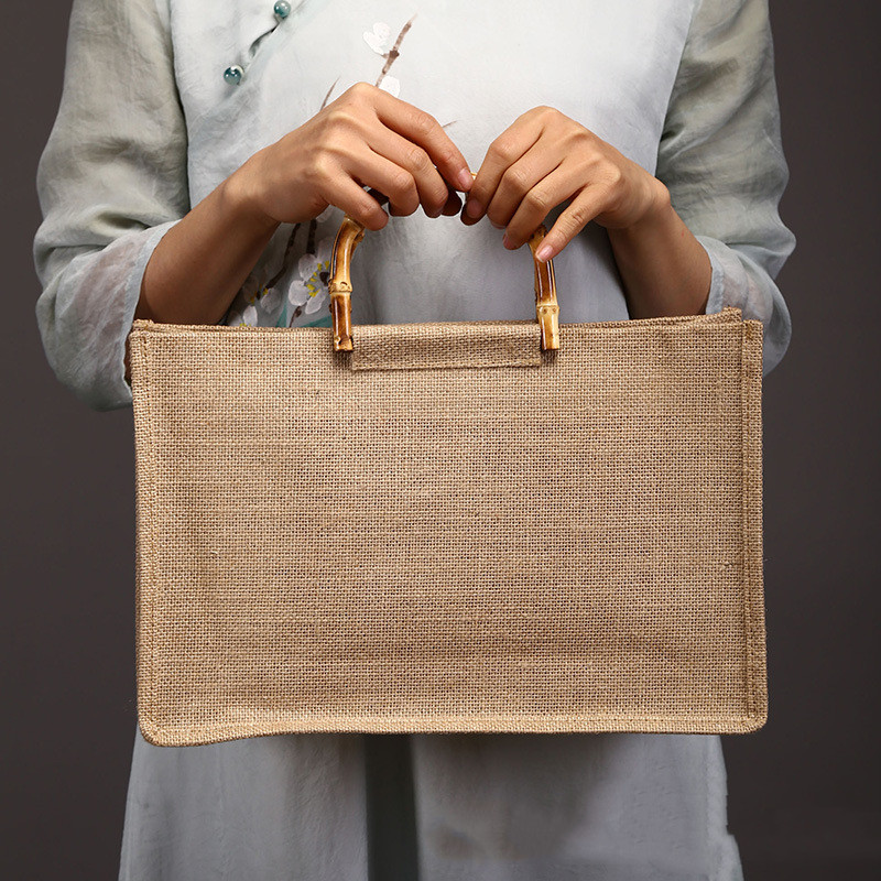 Ladies Bamboo Handle Cotton Linen Tote Bag (White-Vertical