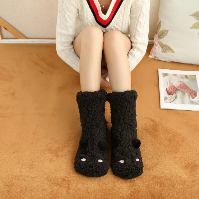 New Winter Female Floor Coral Thickening Plus Velvet Warm Home Sleep Confinement Christmas Socks Cute Kawaii Popsocket Black - Shop at LoveMi
