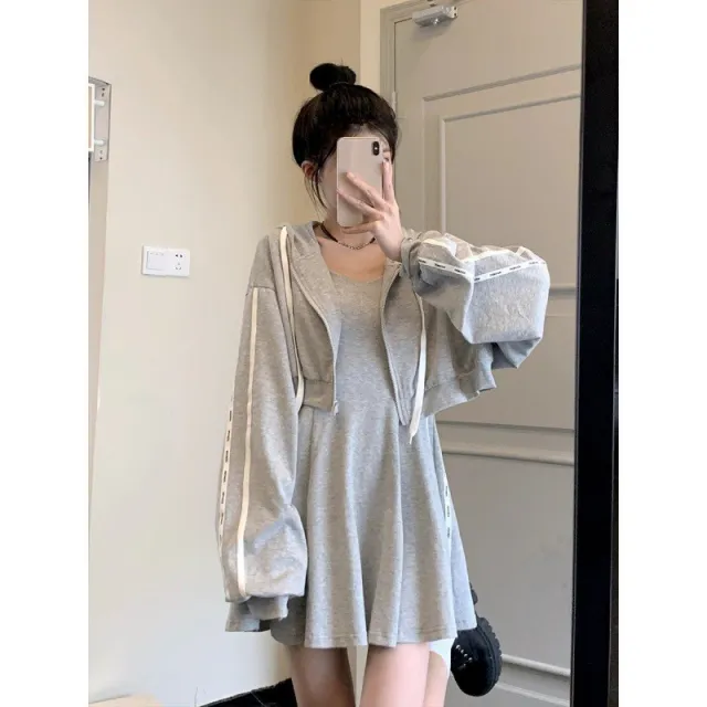 Women's Sports Suit Skirt Coat Temperament Leisure Short Gray Two Piece Set - Shop at LoveMi