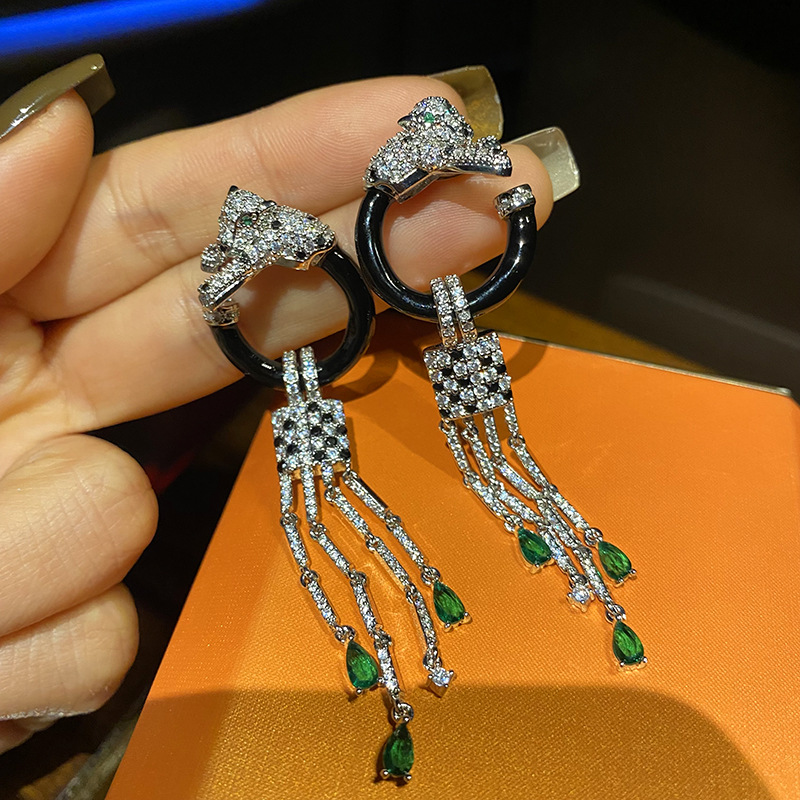 Title 5, Black Leopard Green Diamond Tassel Earrings for...