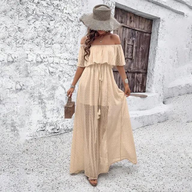 Womens Off The Shoulder Ruffle Party Dresses Side Split Beach Maxi Dress Apricot - Shop at LoveMi