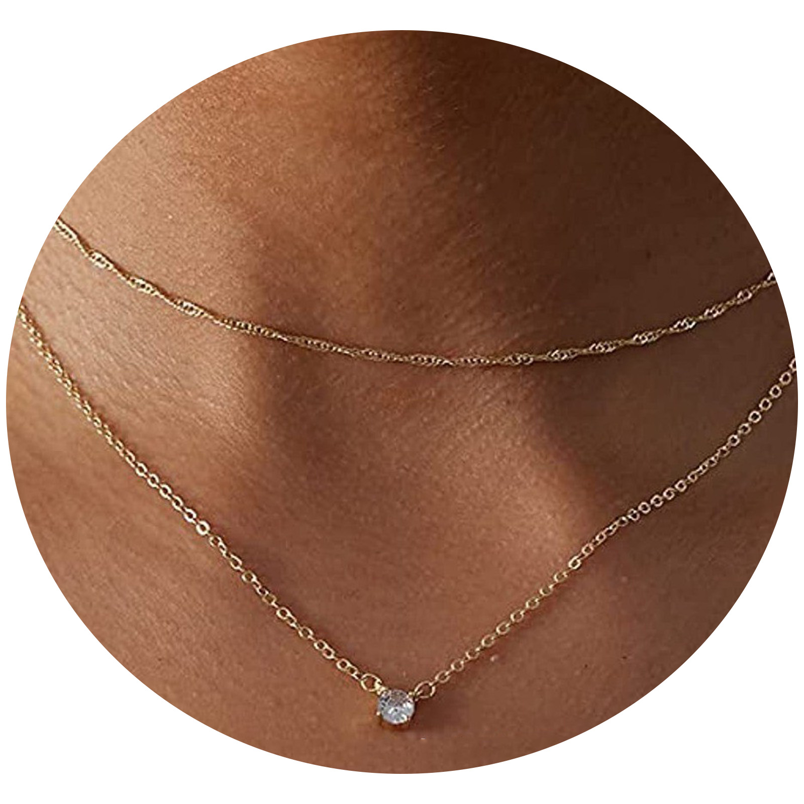 Dainty CZ Pendant Necklace For Women - Layered Gold & Silver Choker, Simple Trendy Cubic Zirconia Jewelry Gift