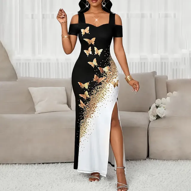 Women's Color Block Butterfly Print Maxi Dress, Off Shoulder Bodycon Gown With High Slit For Spring And Summer Parties Black - Shop at LoveMi