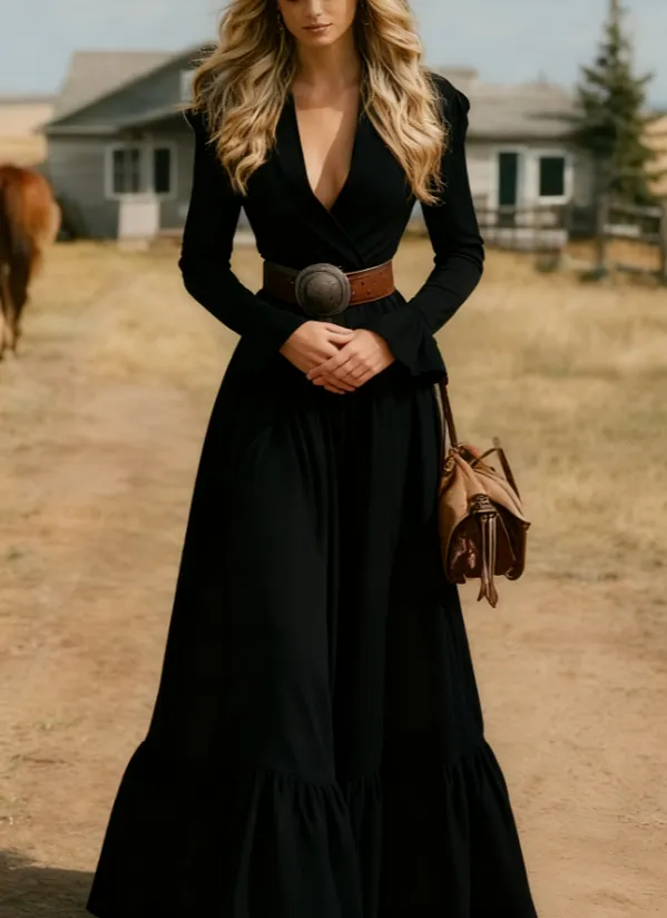 Retro V neck Fitted Waist Flared Sleeve Long Dress Black - Shop at LoveMi