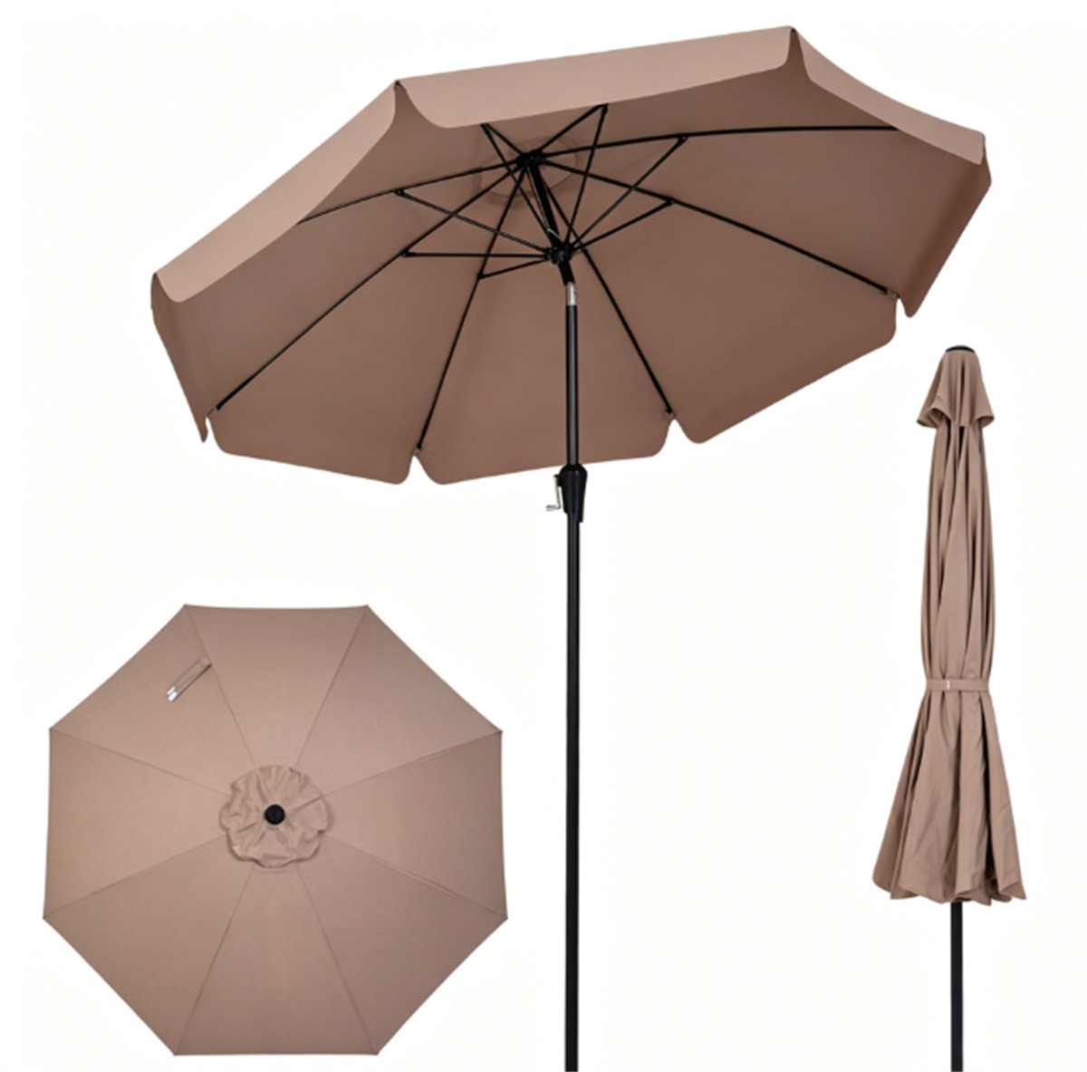 Brown 10ft Scalloped Patio Umbrella With Push Button Tilt, Vented Outdoor Market Parasol With Crank Lift,Fiberglass Ribs Sun Shade For Deck Poolside