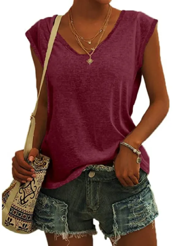 European And American Women's Simple V neck Loose T shirt Wine - Shop at LoveMi