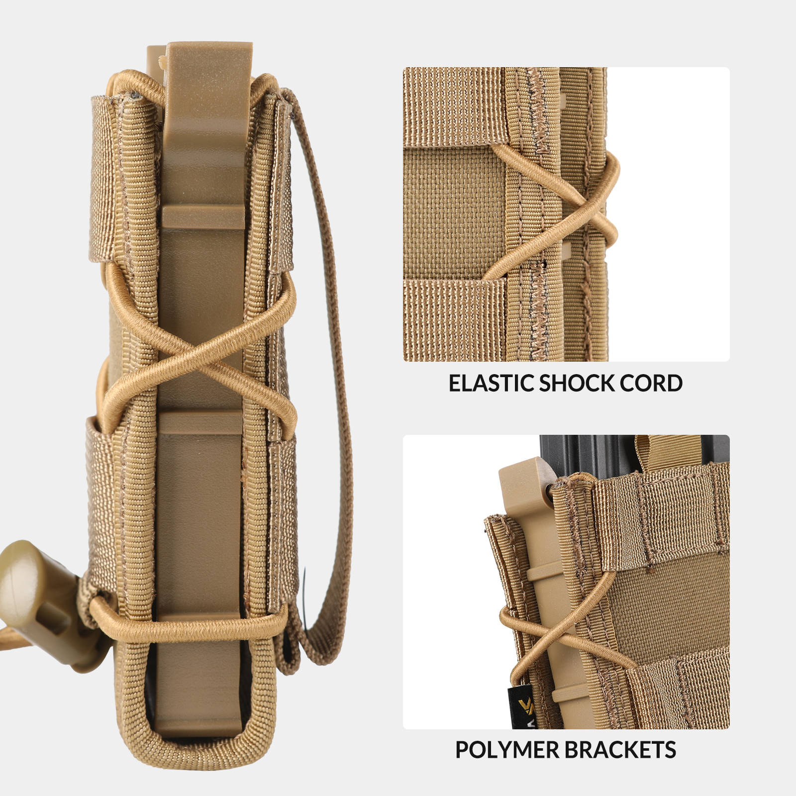 Molle Open-Top Pistol Mag Pouch. Flexible rapid response. This molle mag pouch with open-top design with shock cord and polymer brackets, holds your magazine or hardware in place, and is fully adjustable to fit a variety of magazines or tools. With no ext