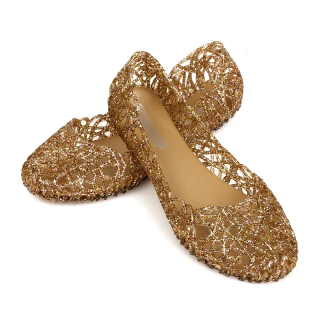 Women's Hollow Round Toe Flat Heel Plastic Beach Breathable Sandals Gold - Shop at LoveMi
