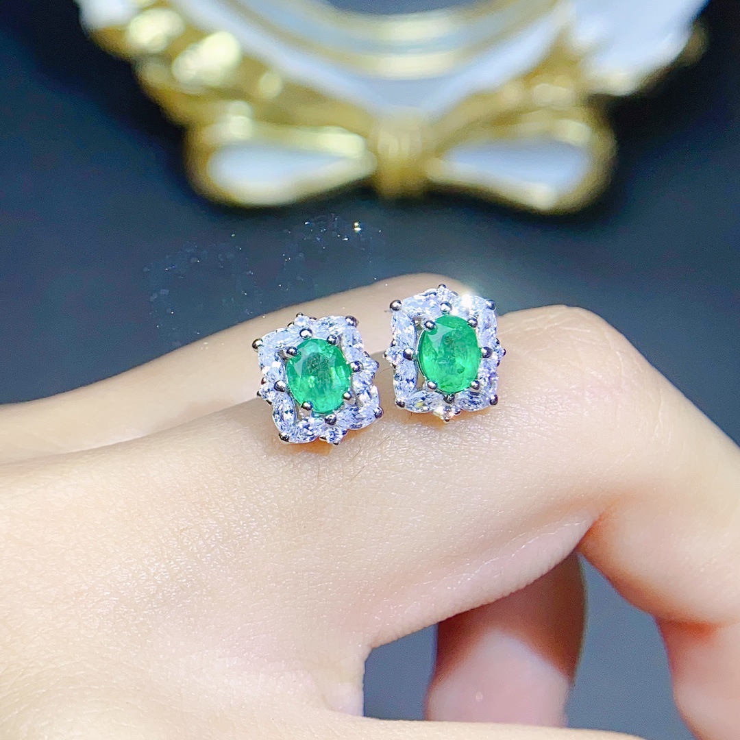 Title 6, S925 Silver Inlaid Natural Emerald Earrings