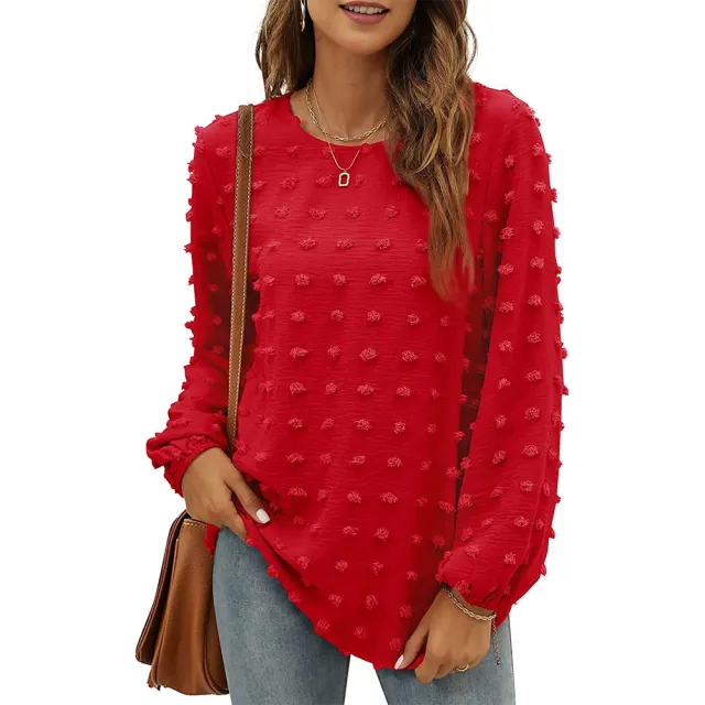Fashion Jacquard Long sleeved Round Neck T shirt Casual Loose Pullover Top Womens Clothing Red - Shop at LoveMi