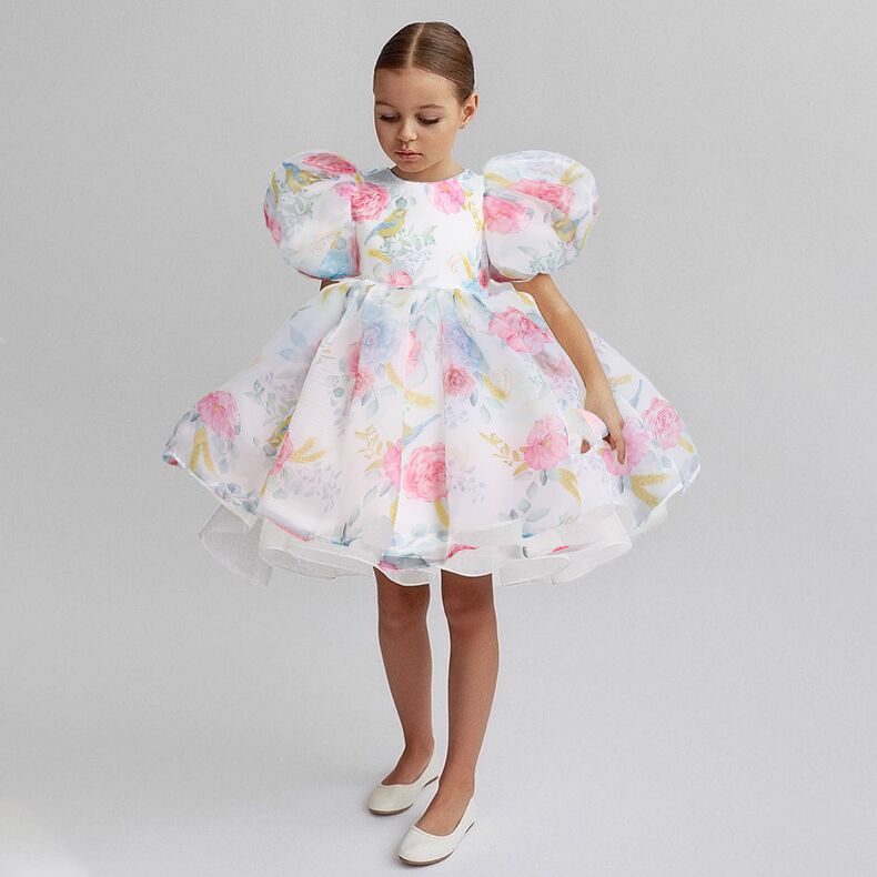 Puff Sleeve Princess Skirt Children's Floral Mesh Tutu Dress