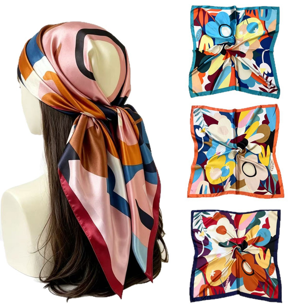 Abstract Floral Imitation Satin Square Scarf, Retro Decorative Scarf, Fashionable And Versatile Summer Lightweight Headscarf