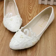 Flat Wedding White Bridal Dress Bridesmaid Shoes - White - View 1