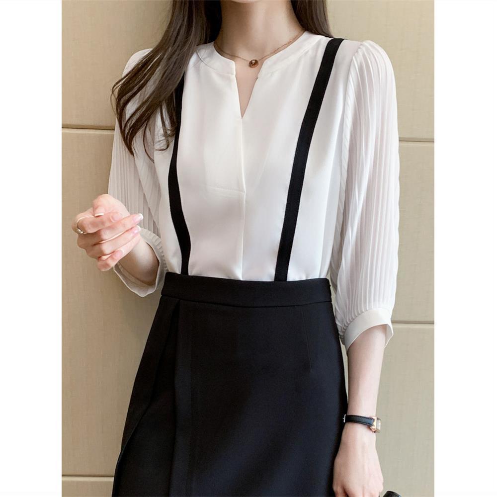 V-neck White Shirt Women's Three-quarter Sleeve Chiffon Top