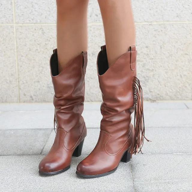 Fashion Style High heeled Fringed Mid boots Plus Size Brown - Shop at LoveMi