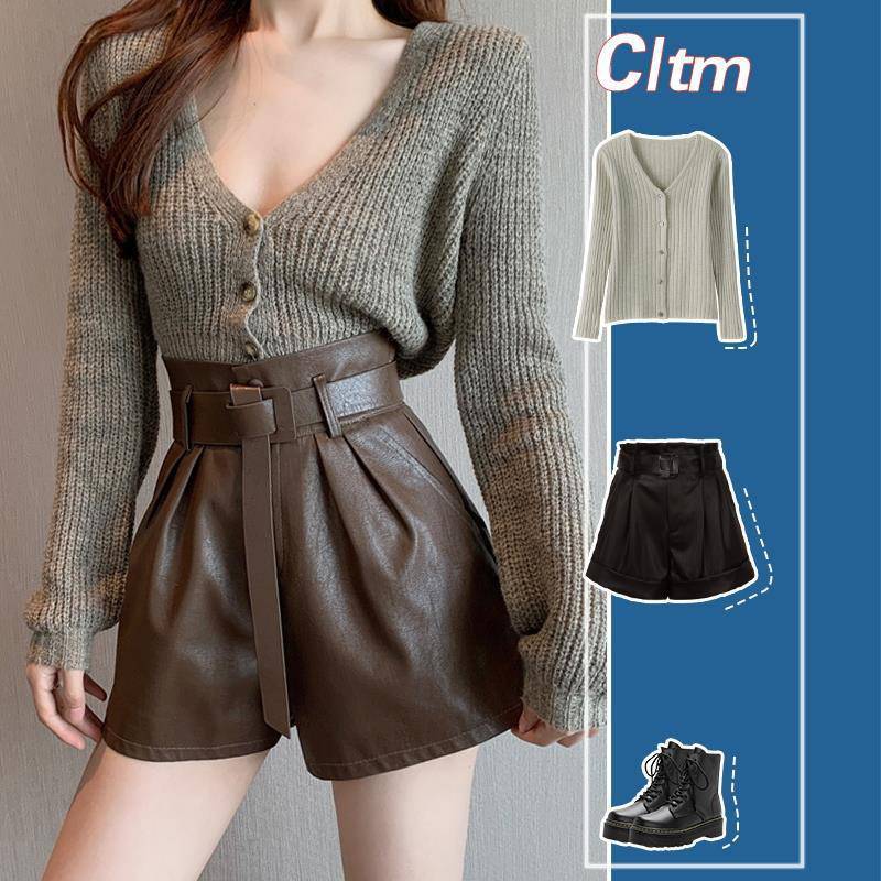 Coffee Color Leather Shorts Women's Autumn And Winter Outer Wear Brown - Shop at LoveMi