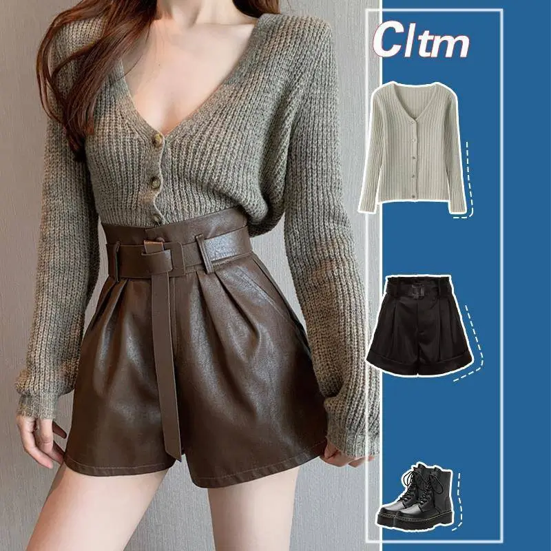 Coffee Color Leather Shorts Women's Autumn And Winter Outer Wear - Brown