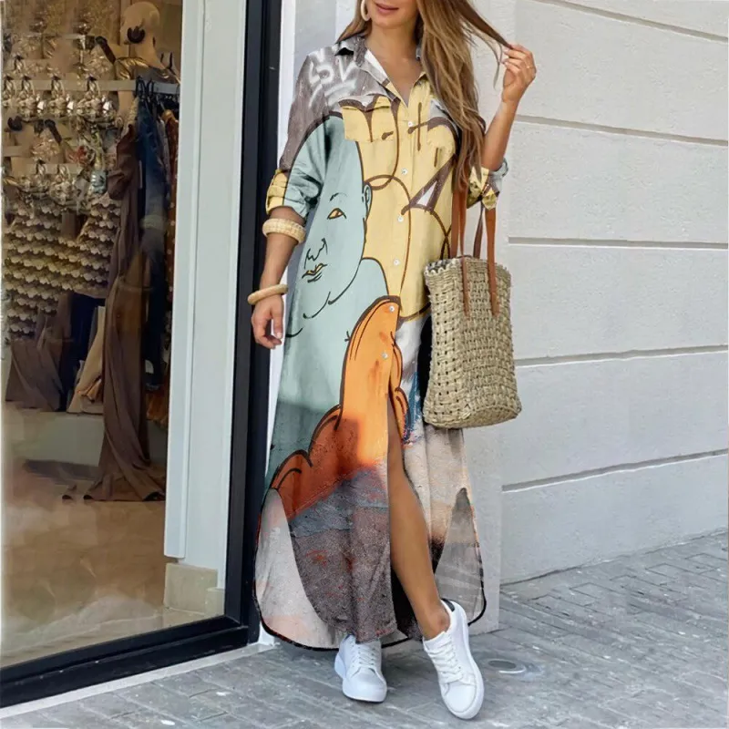Fashion Long Sleeve Printed Lined Dress - Baby Face Graffiti