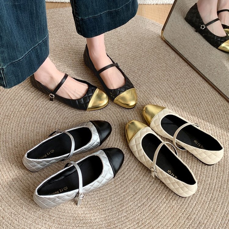 French Style Small Fragrance Color Blocked Round Toe Mary Jane Shoes For Women, Gentle Matching Skirt With A Single Line And Shallow Mouth Single Shoe - Image 1