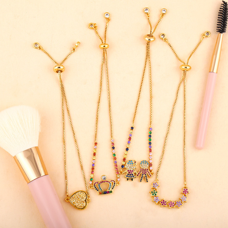 Shining Colorful Zircon Bracelet Peach Heart Cross Crown Bracelet