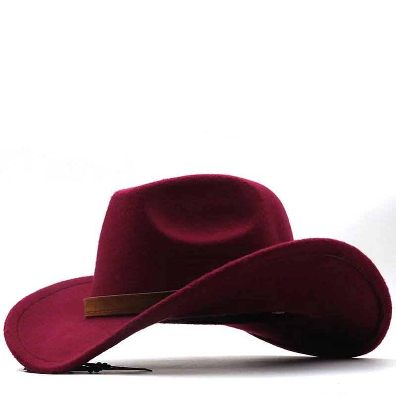 Casual Retro Belt Autumn And Winter Men's And Women's Woolen Western Cowboy Hat - Wine Red