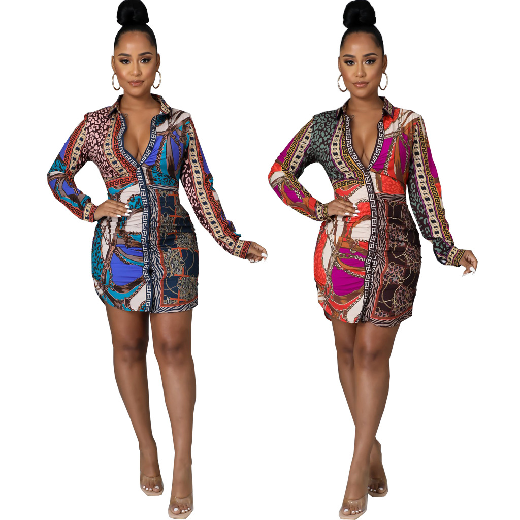 European And American Casual Fashion Printed Shirt Multicolor Women's Dress