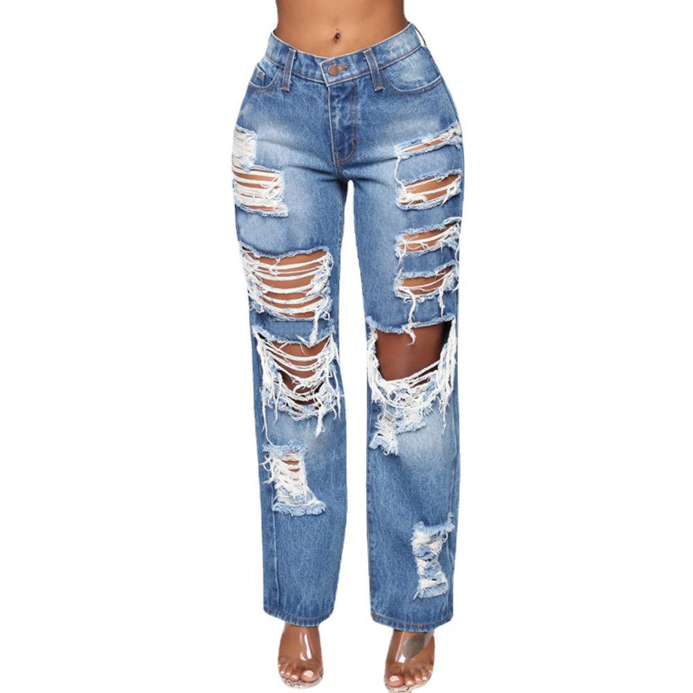 Ripped Non stretch Trousers Straight leg Pants Blue - Shop at LoveMi