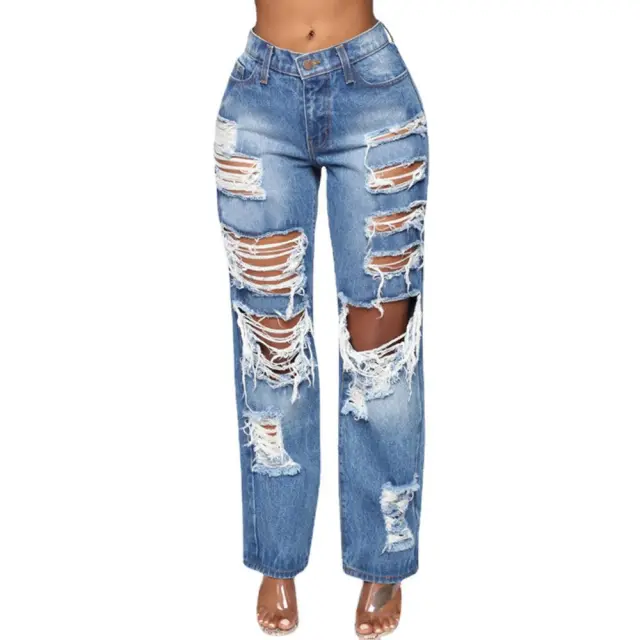 Ripped Non stretch Trousers Straight leg Pants Blue - Shop at LoveMi