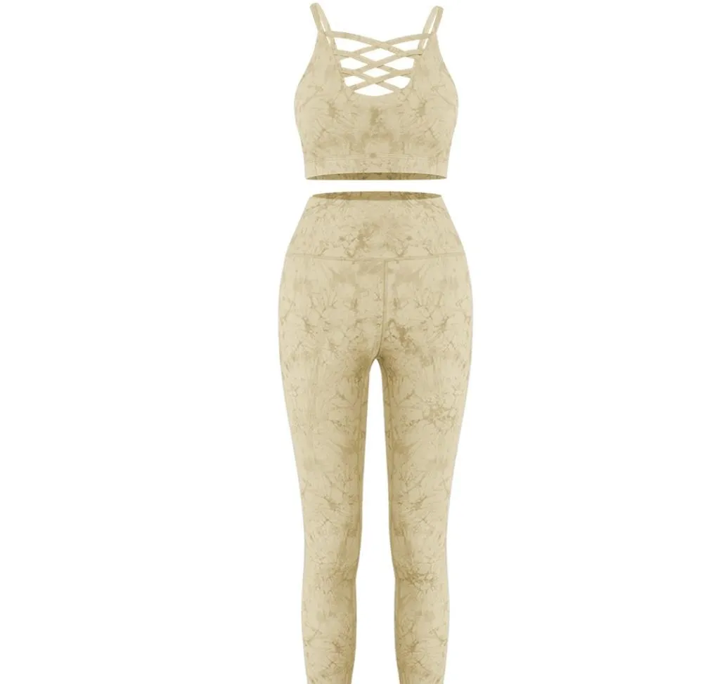 Summer Tie Dye Yoga Sets Sexy Shockproof Bra Push Up Women's Leggings - Yellow