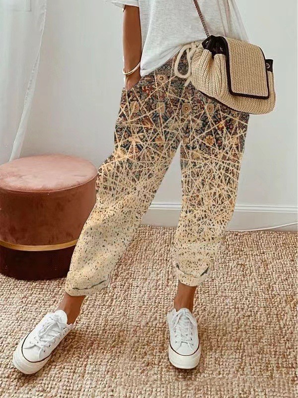 Women's Printed Multi-color Cotton And Linen Casual Pants