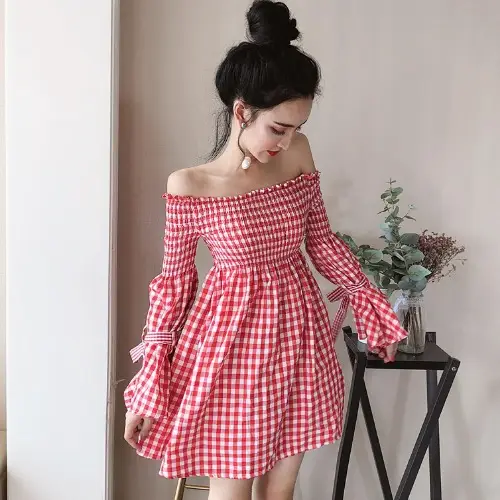 Sweet Elastic One-neck Off-the-shoulder Flared Sleeve Lace-up Plaid Dress