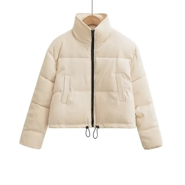 Winter Stand Collar Zipper Drawstring Cotton Coat Beige - Shop at LoveMi