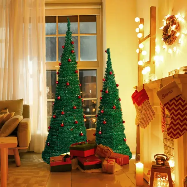 2 Pack, 6FT 5FT Artificial Up Christmas Tree With Red Ball Ornaments For For Home Office Store Holiday Deco, Green