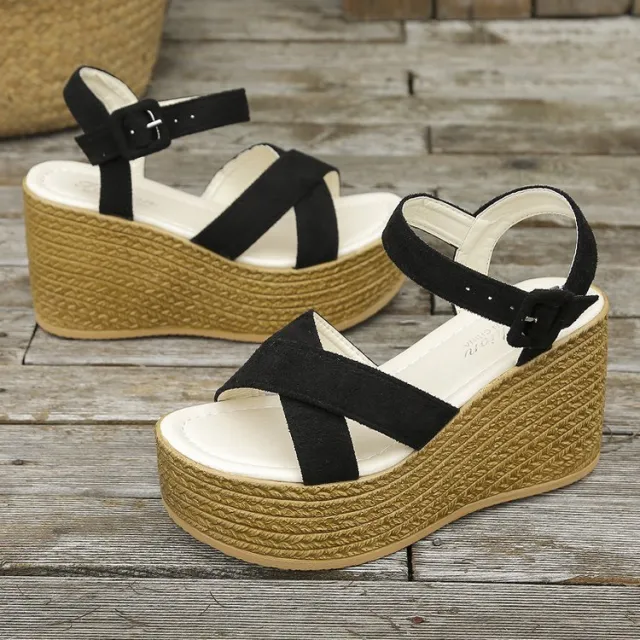Wedge Sandals For Women Summer Casual Non slip Cross strap Platform Shoes With Hemp Heels Shoes Black - Shop at LoveMi