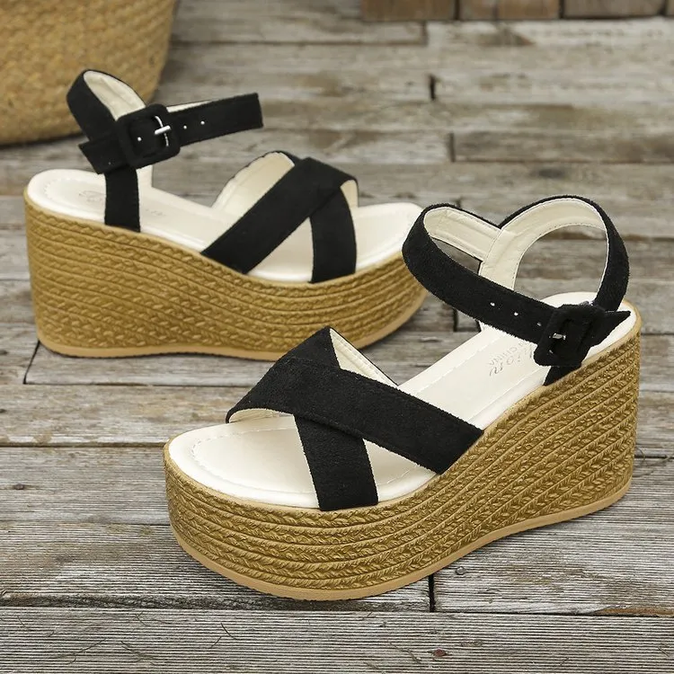 Wedge Sandals For Women Summer Casual Non-slip Cross-strap Platform Shoes With Hemp Heels Shoes - Black