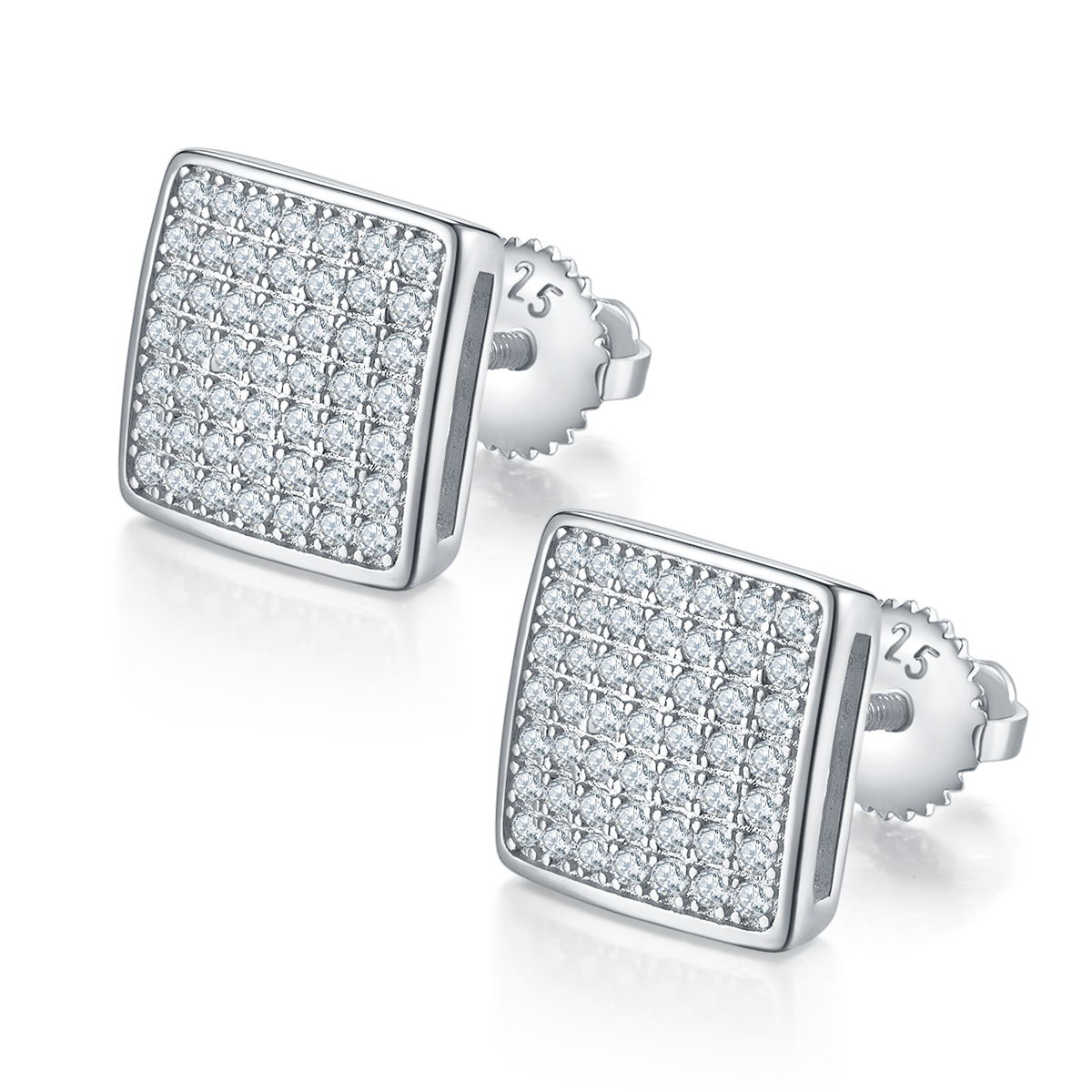 S925 Sterling Silver 98pcs D Color VVS1 Moissanite Square Earrings 2.4g Screw Back Platinum Plated GRA Certified Gift Box