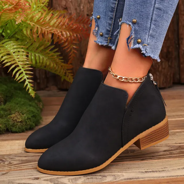 Chunky Heel Pointed Toe Ankle Boots With V cut Design Fashion Fall Winter Short Boots For Women Shoes Black - Shop at LoveMi