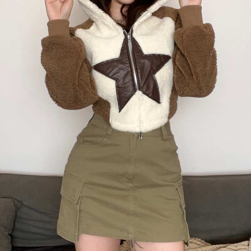 Hooded Star Patch Lamb Wool Coat