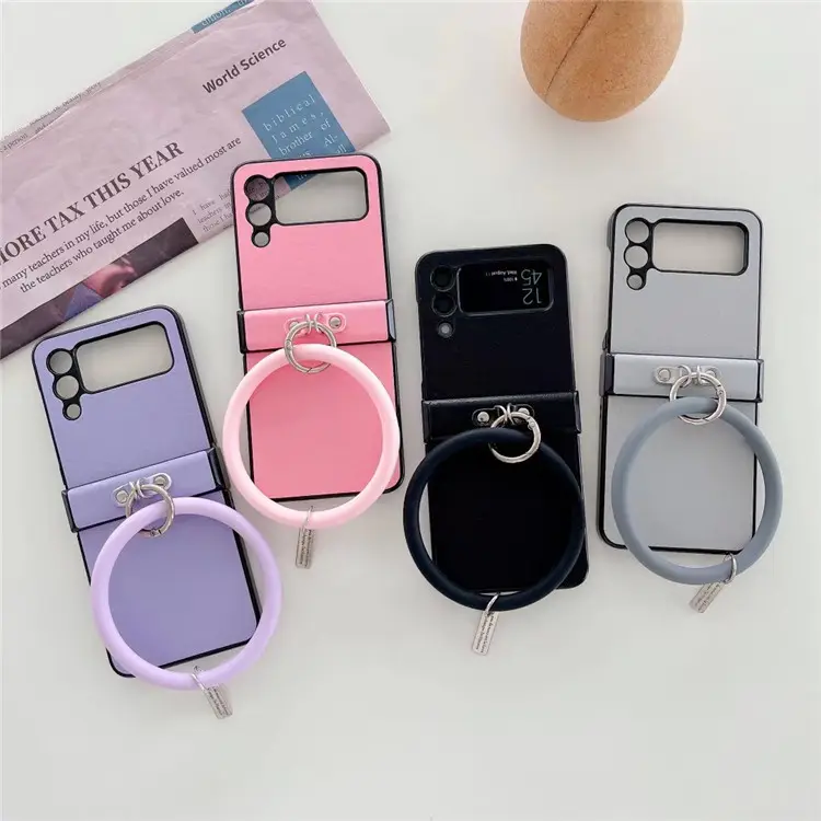 Leather Grain Solid Color Portable Ring Folding
