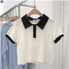 Top Solid Color Polo Shirt Lapel Short High-waist Short-sleeved T-shirt - White - View 1