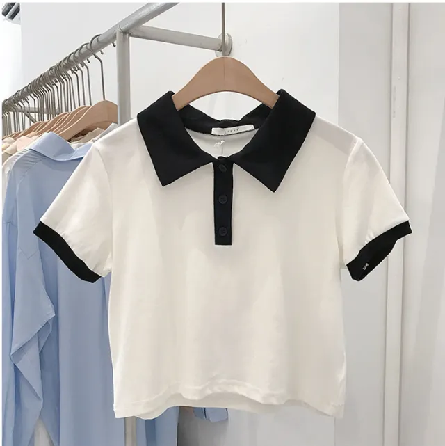 Top Solid Color Polo Shirt Lapel Short High waist Short sleeved T shirt White - Shop at LoveMi