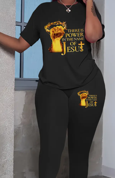 Women's  Printed Round Neck T-Shirt And Leggings Set