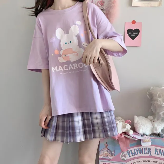 Printed Macaron Rabbit Baby T shirt Women Pure Cotton Short sleeved Bottoming Shirt Top Purple - Shop at LoveMi