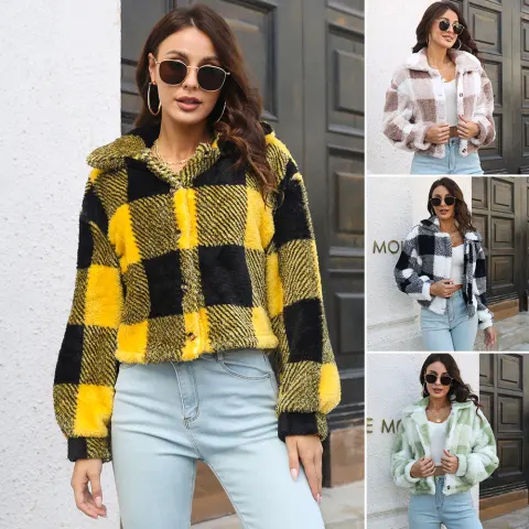 Plaid Double Sided Velvet Jacket for Women Lantern Sleeve