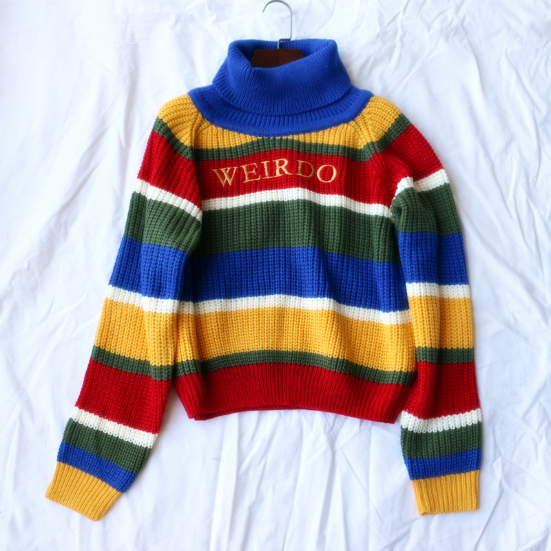 Rainbow Stripes Letter Embroidery Turtleneck Loose Casual Pullover Knit Sweater Women