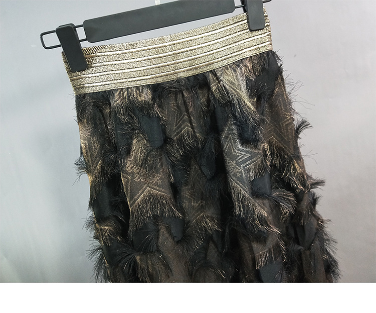 Title 3, Gold Thread Elastic Waist Long Feather Skirt Skirt