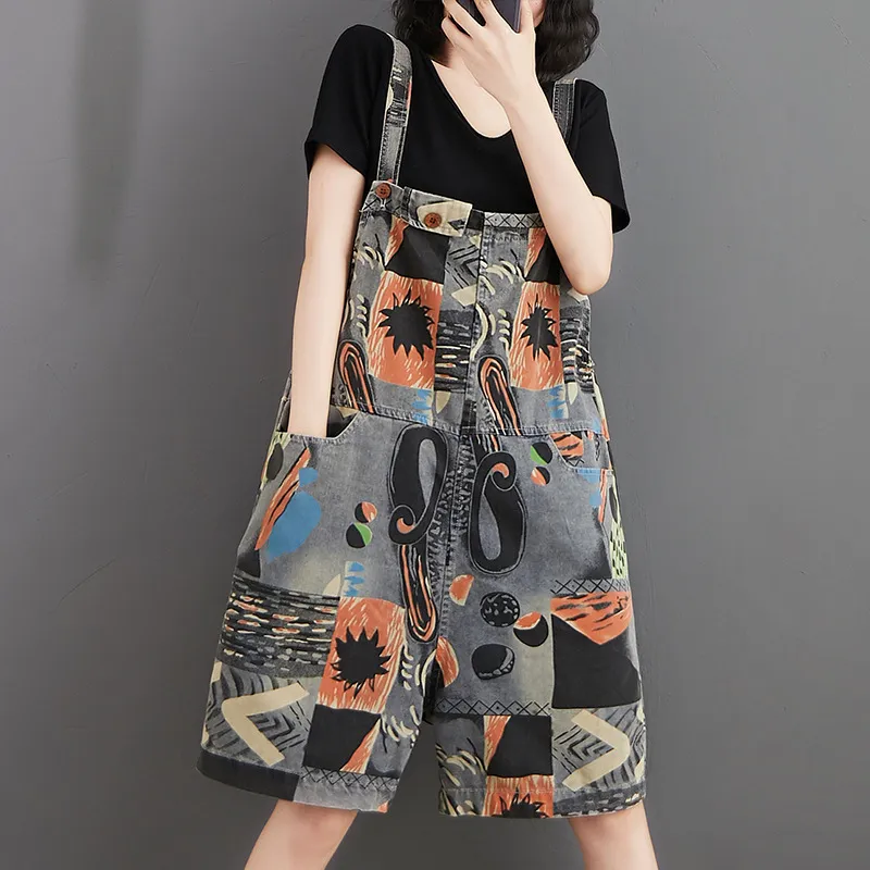 Summer Printed Denim Suspenders For Women - Grey